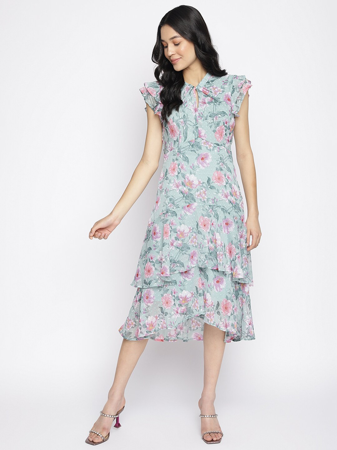 Women Blue And Pink Floral Ethnic A-Line Midi Dress