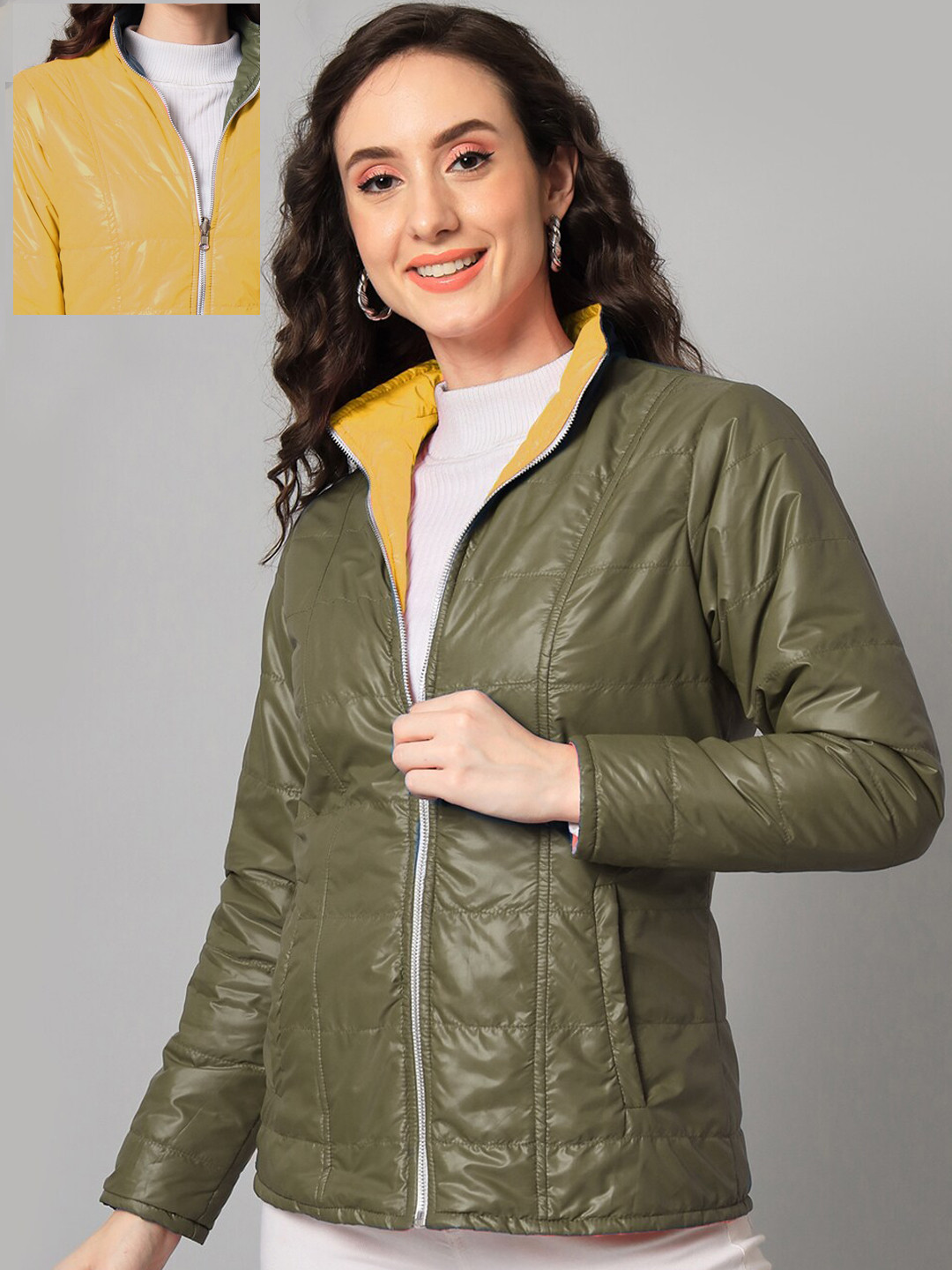 Buy PURYS Women Olive Green & Mustard Yellow Reversible Padded Jacket