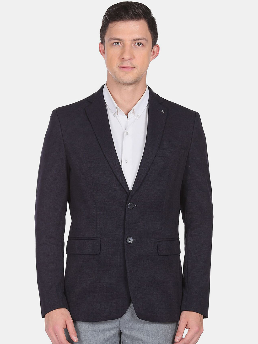 Men's Navy Blue Slim Fit Single Breasted Notched Lapel Collar Cotton Blazers