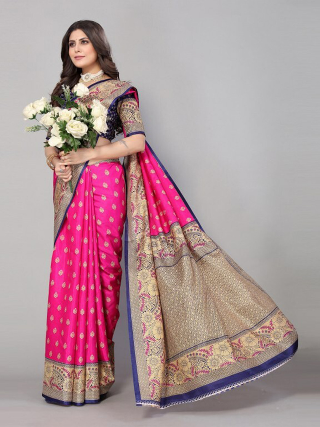 Buy Yashika Pink & Navy Blue Floral Woven Design Art Silk Zari Saree