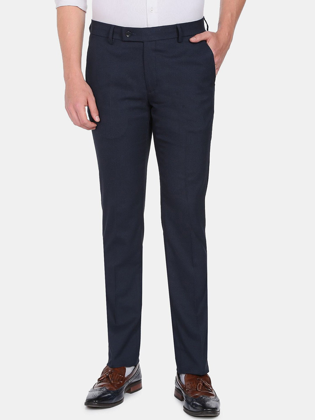 Men's Navy Blue Solid Formal Trousers