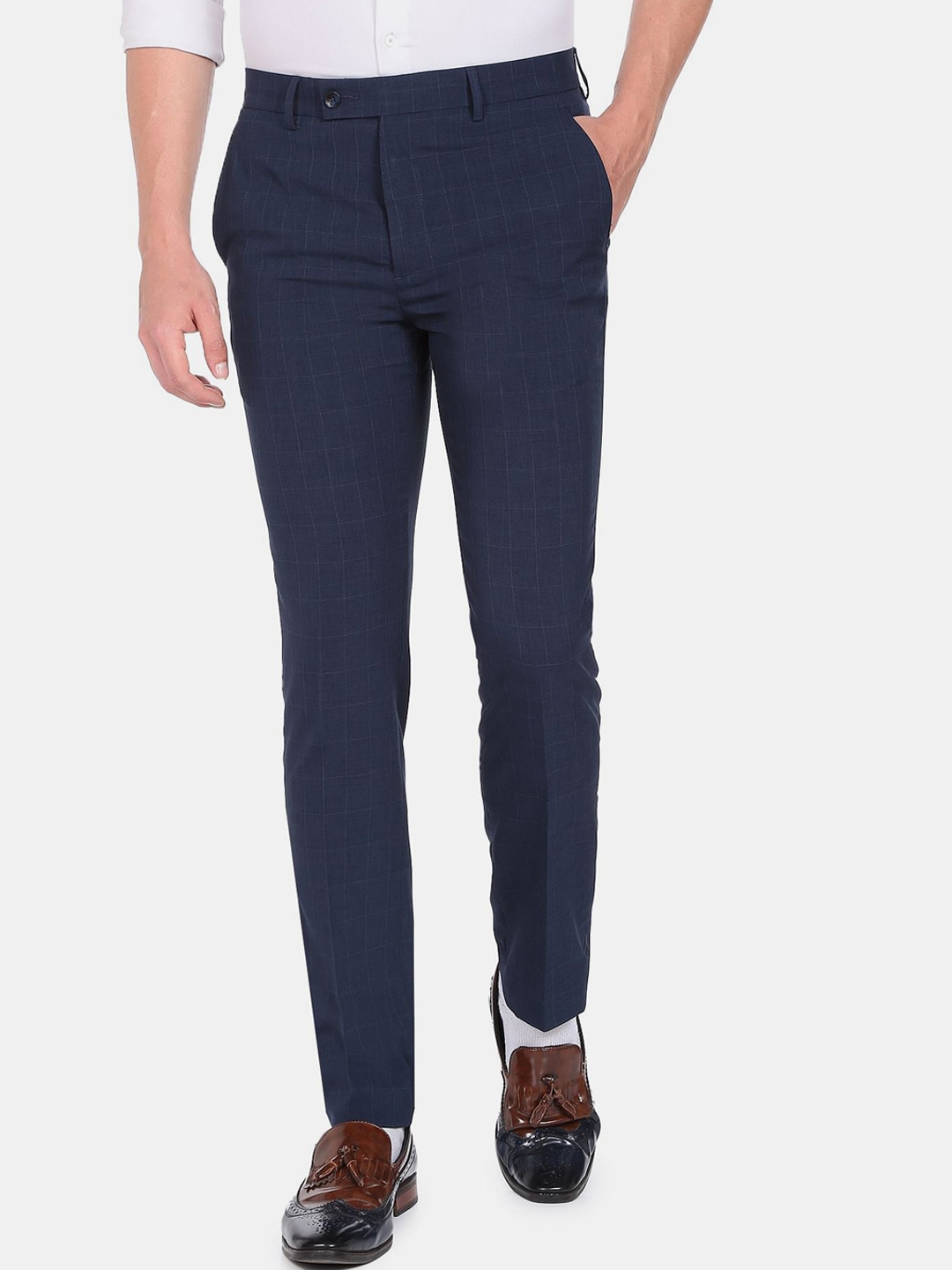 Buy Arrow Men Navy Blue Checked Smart Flex Formal Trousers - Trousers ...