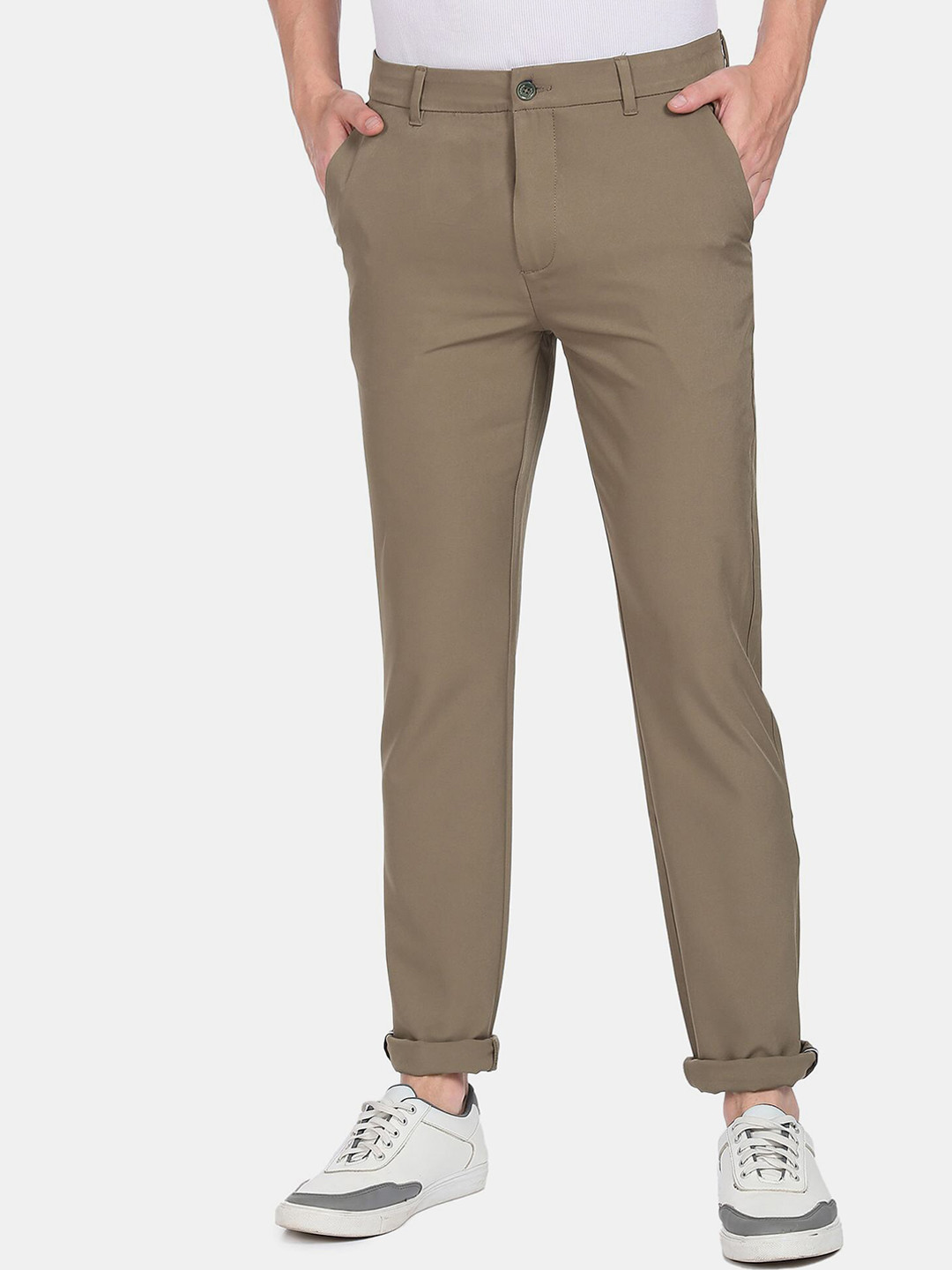 Buy Arrow Sport Men Olive Green Solid Skinny Fit Casual Trousers