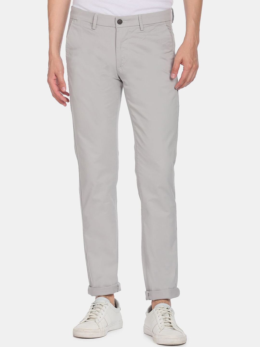 Buy Arrow Sport Men Grey Solid Cotton Slim Fit Casual Trousers ...