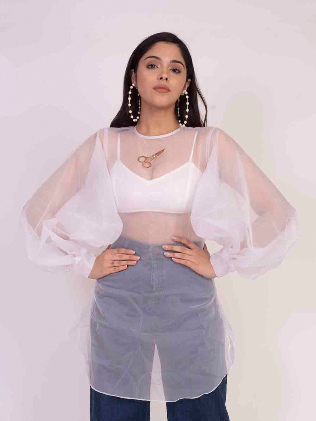 Buy KHUMAAR Shuchi Bhutani Women White Applique Sheer Net Top - Tops ...
