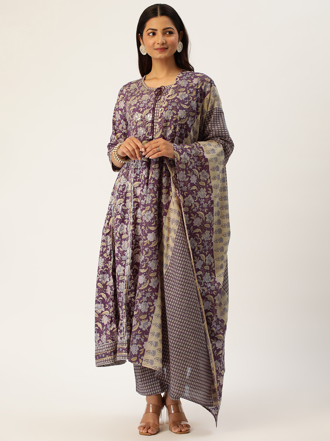 Buy HEEPOSH Purple Printed Pure Cotton Anarkali Kurta With Trousers ...