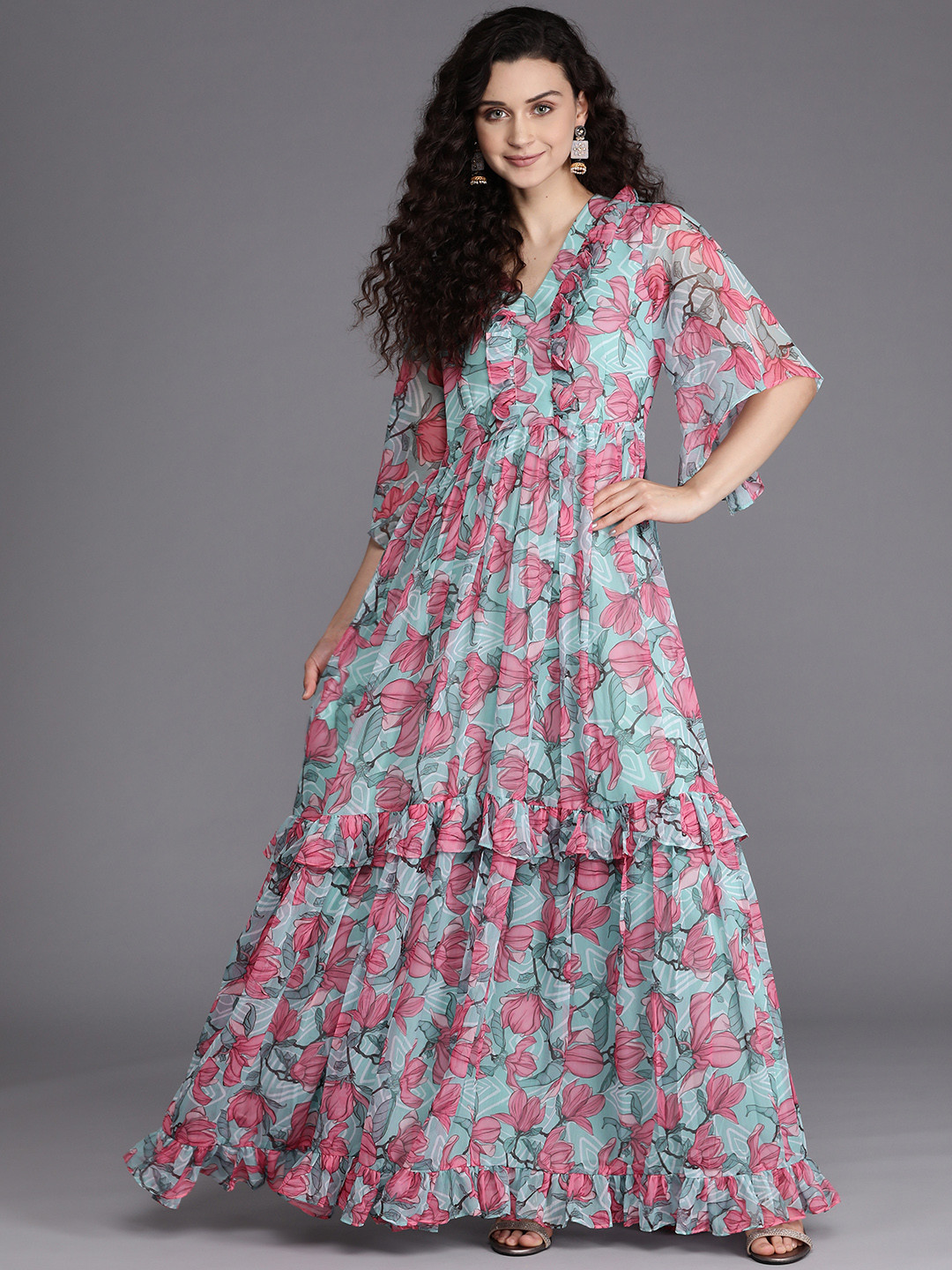 Pretty Pink Indian Fit & Flare Maxi Dress Indo Western Fusion Dress