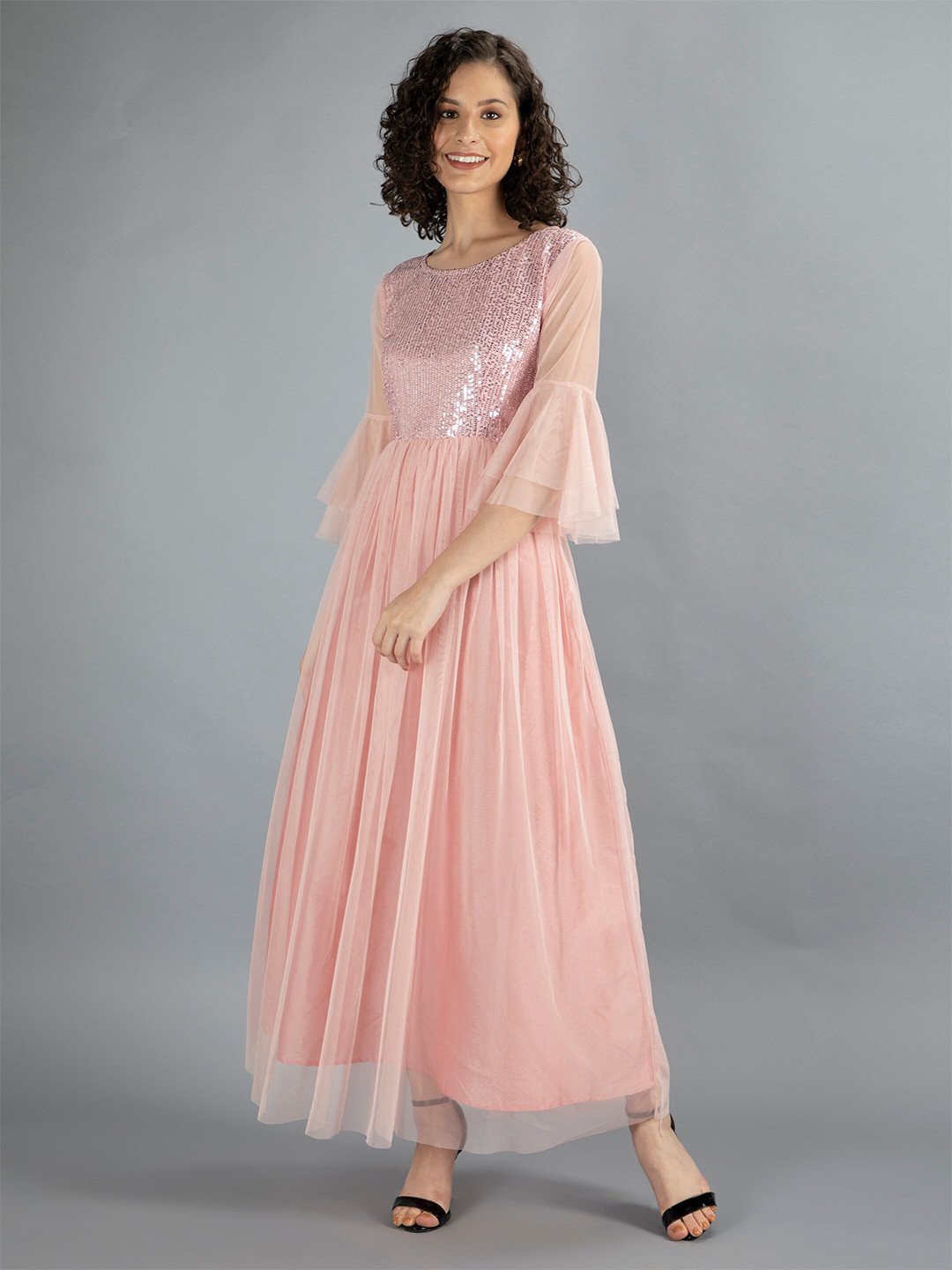 Inddus Pink Net Sequinned Maxi Dress