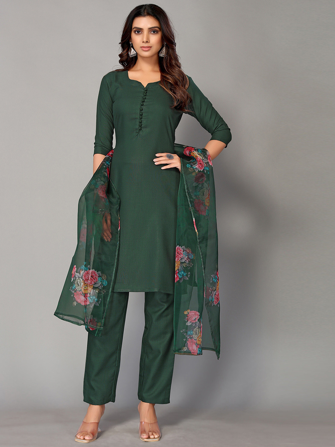 Women Green Printed A-Line Kurta Trousers With Dupatta Set