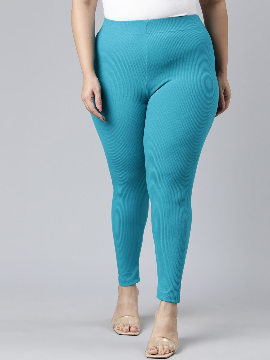 Buy Go Colors Women Plus Size Peacock Blue Solid Slim Fit Ribbed