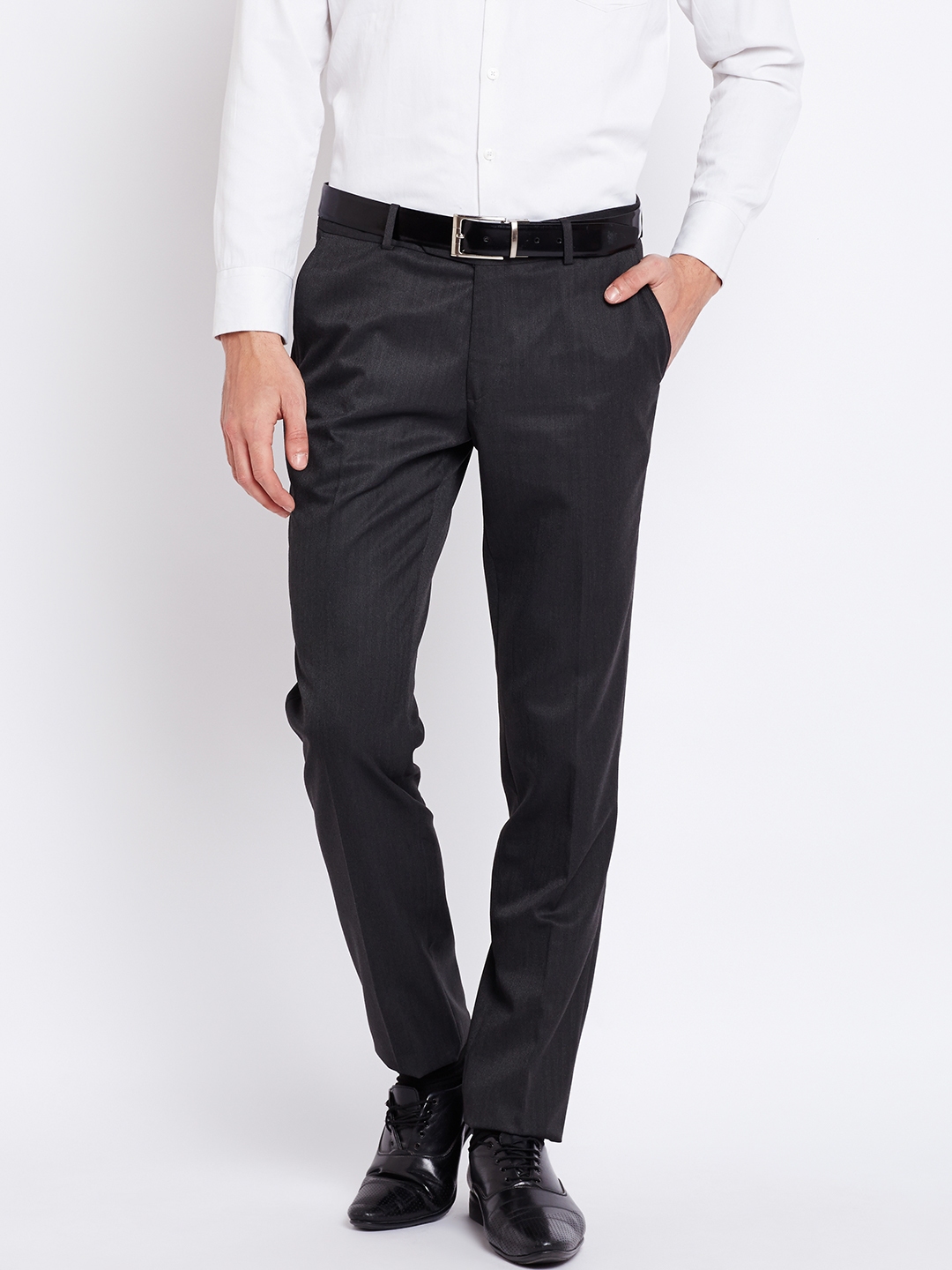 Buy Wills Lifestyle Men Charcoal Grey Formal Trousers - Trousers for ...