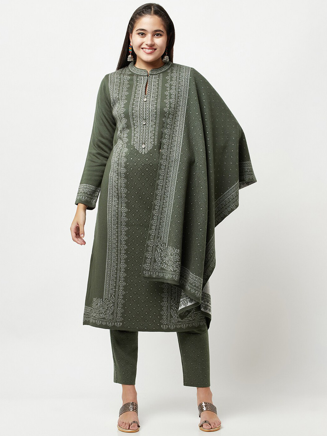 Women Green Printed Straight Kurta Trousers With Dupatta Set