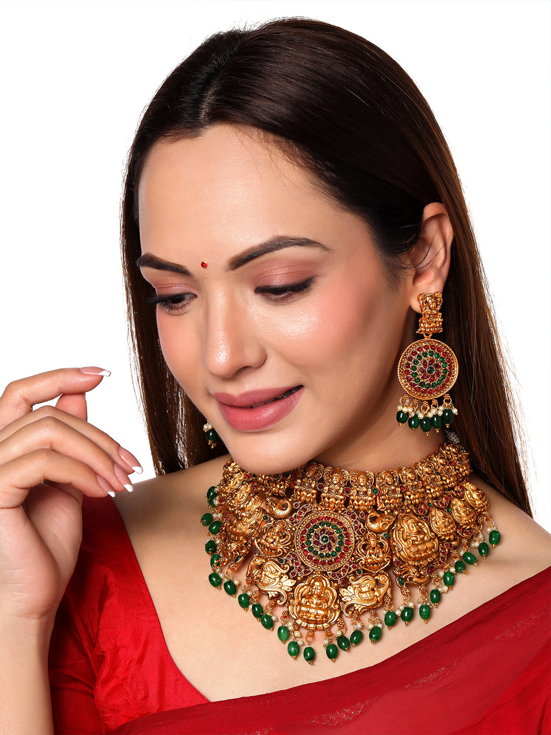 Buy Yellow Chimes Women Green & Pink Gold Plated Stones Studded