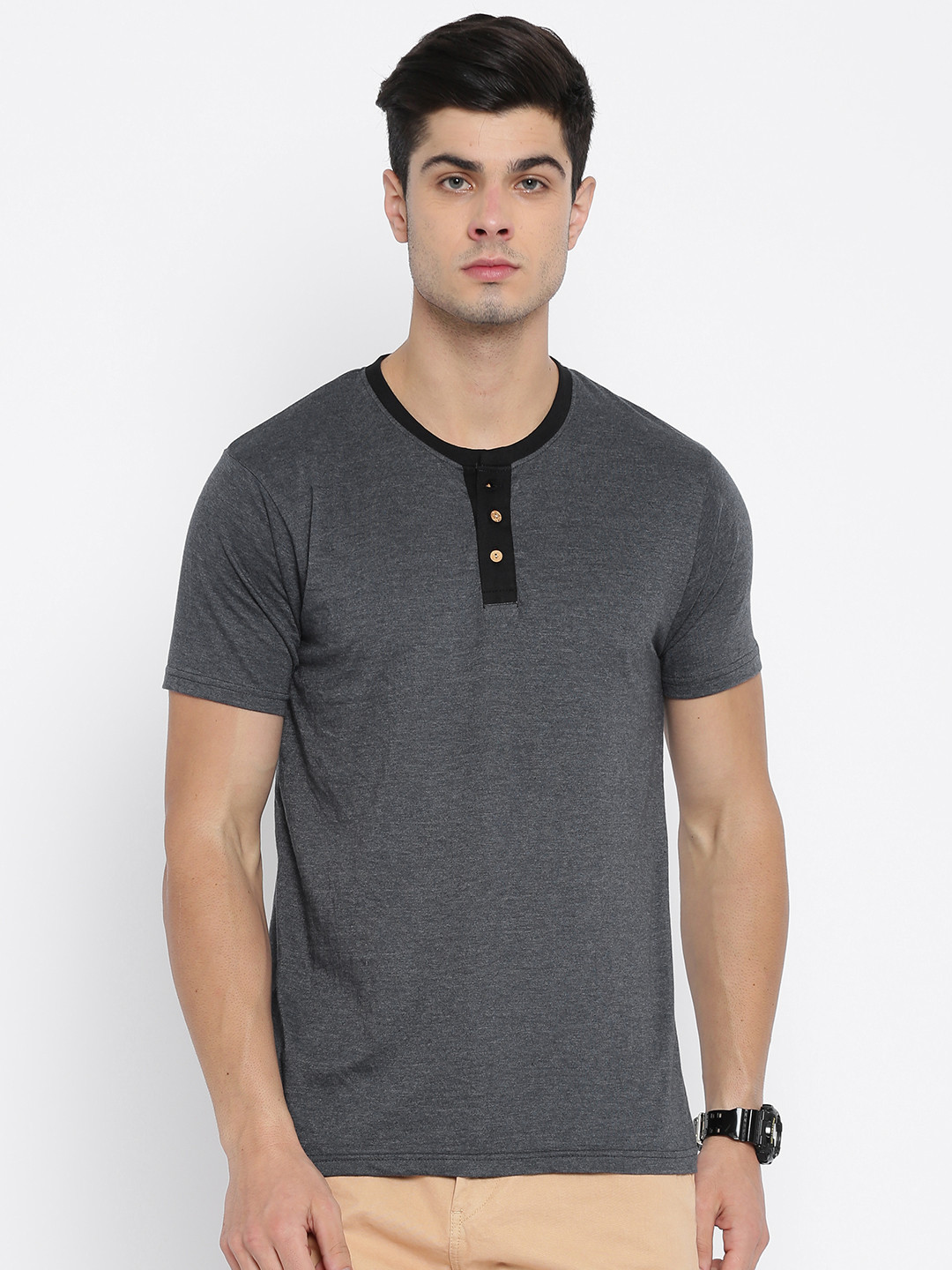 Buy HERE&NOW Men Grey Solid Henley Neck T Shirt Tshirts for Men