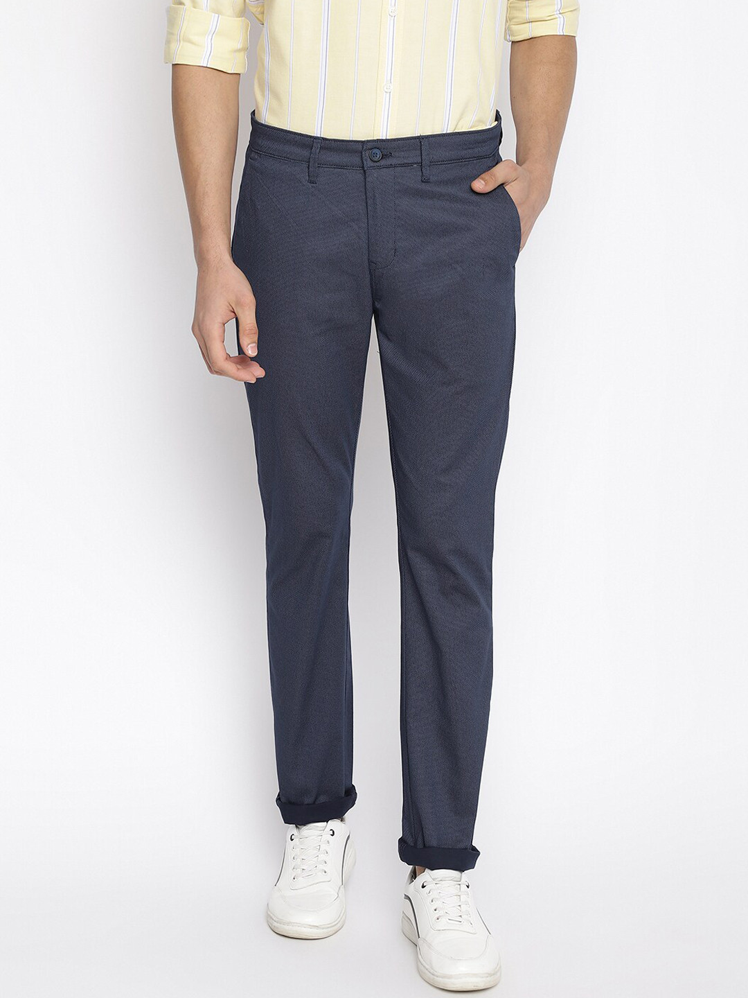 Buy Cantabil Men Navy Blue Self Design Cotton Trousers - Trousers for ...