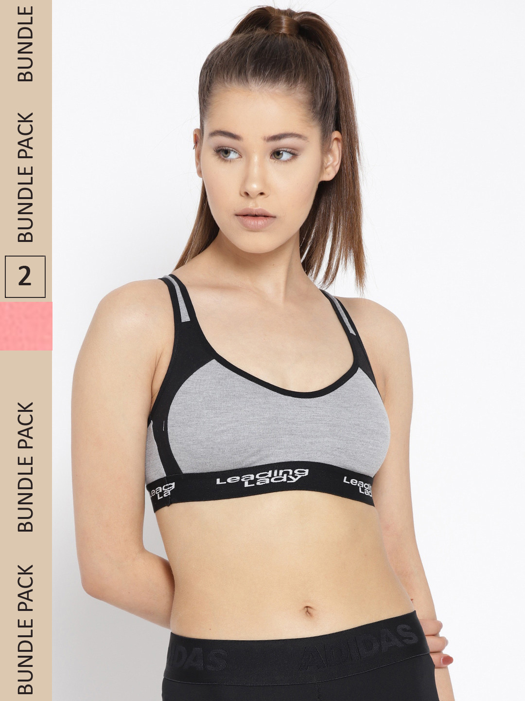 Buy Leading Lady Pack Of 2 Grey Melange & Pink Colourblocked Cotton Sports Bra Bra for Women