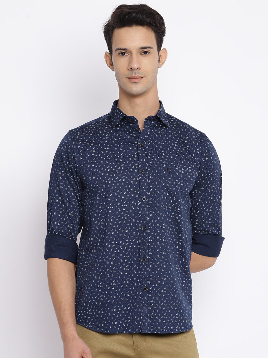 Men's Navy Blue Comfort Floral Printed Cotton Casual Shirt