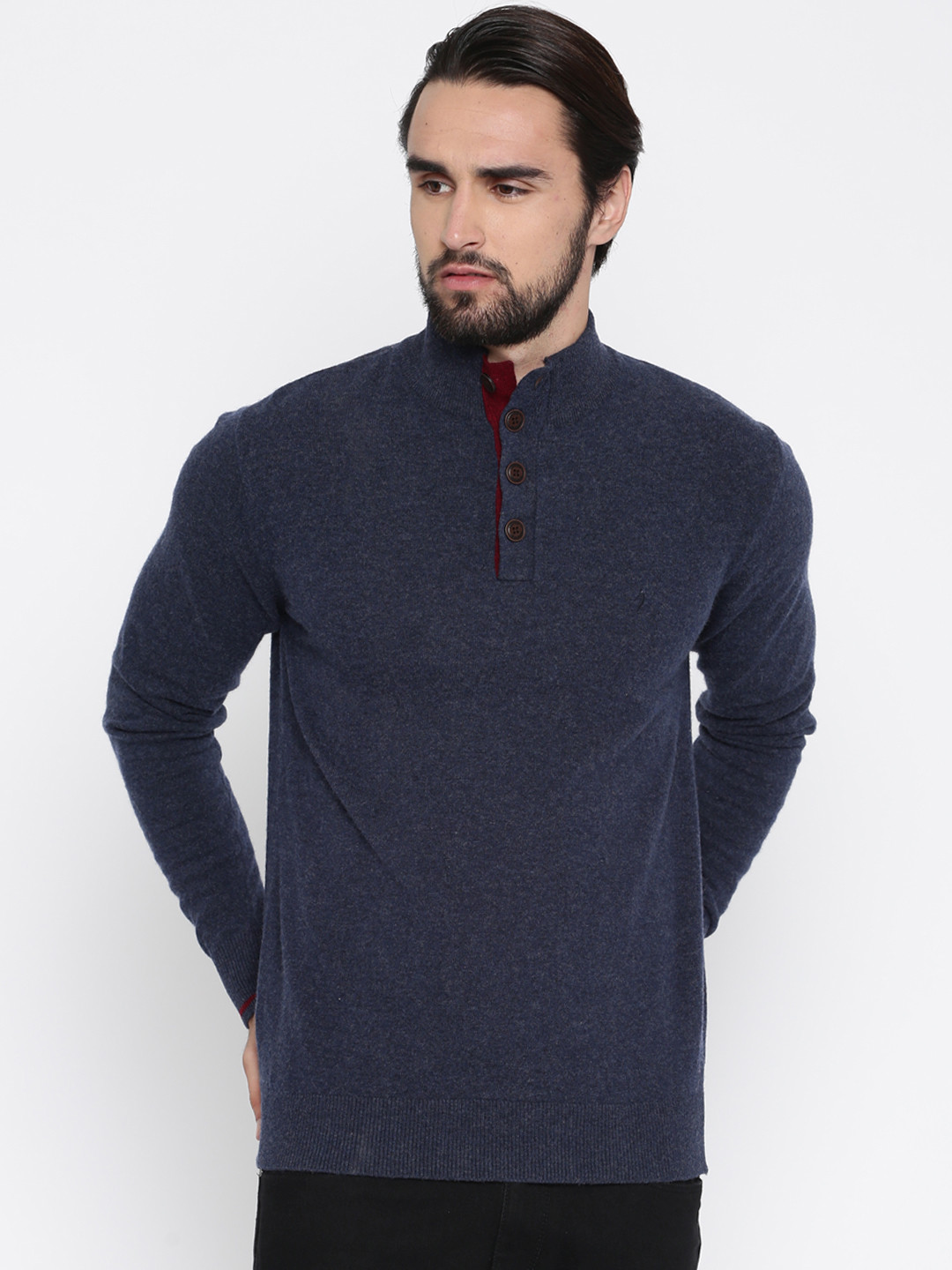 Buy Indian Terrain Men Navy Blue Solid Woollen Pullover - Sweaters for Men 2077619 | Myntra