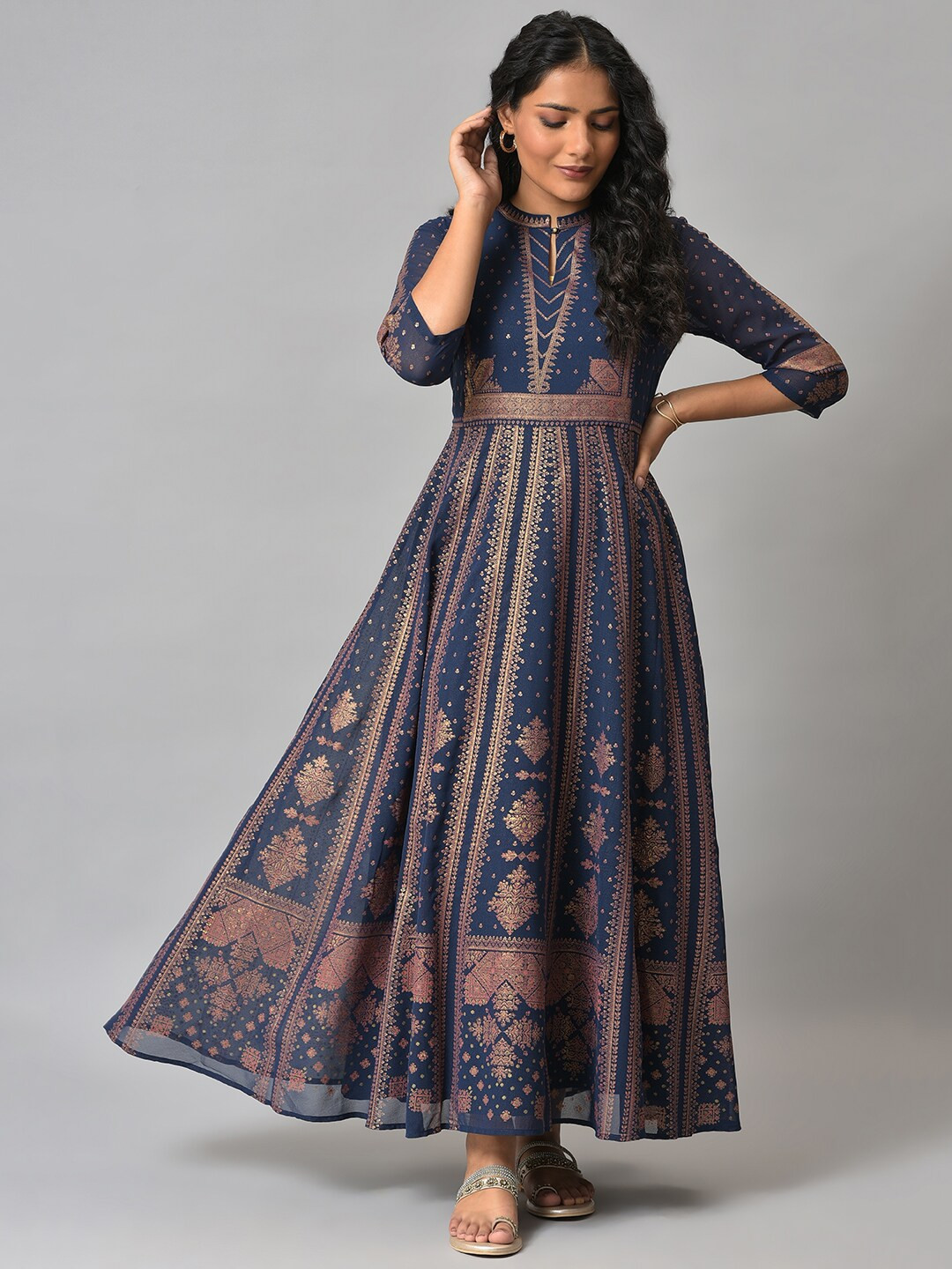 Women Navy Blue Ethnic Motifs Print Maxi Dress