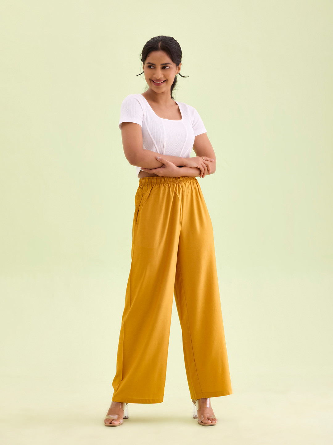 Women Mustard Yellow & Off-White Printed Wide Leg Palazzos main image 1