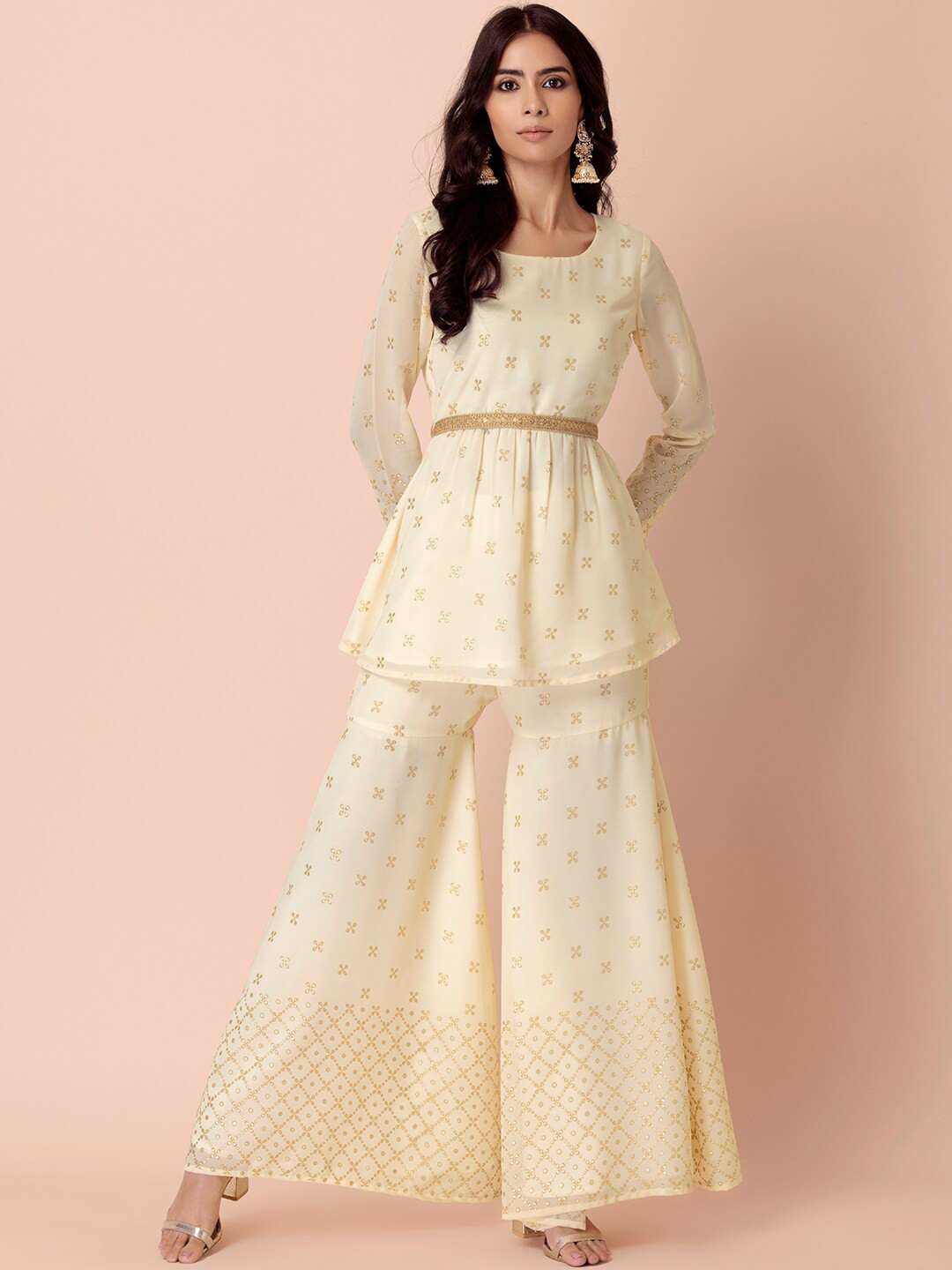 offWhite Floral Print Cotton Kurta Sharara set for women