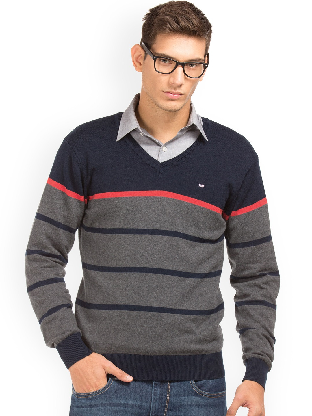 Buy Arrow Sport Men Navy Blue & Grey Striped Sweater Sweaters for Men 2078035 Myntra