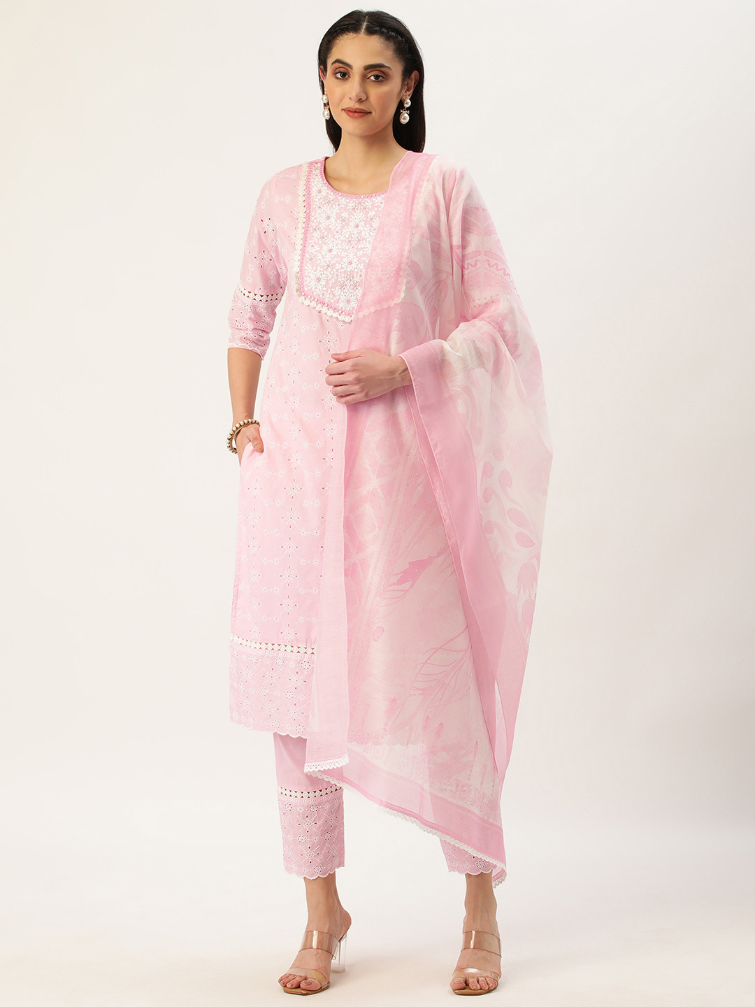 Women Pink cotton Embroidered kurta Set with Dupatta