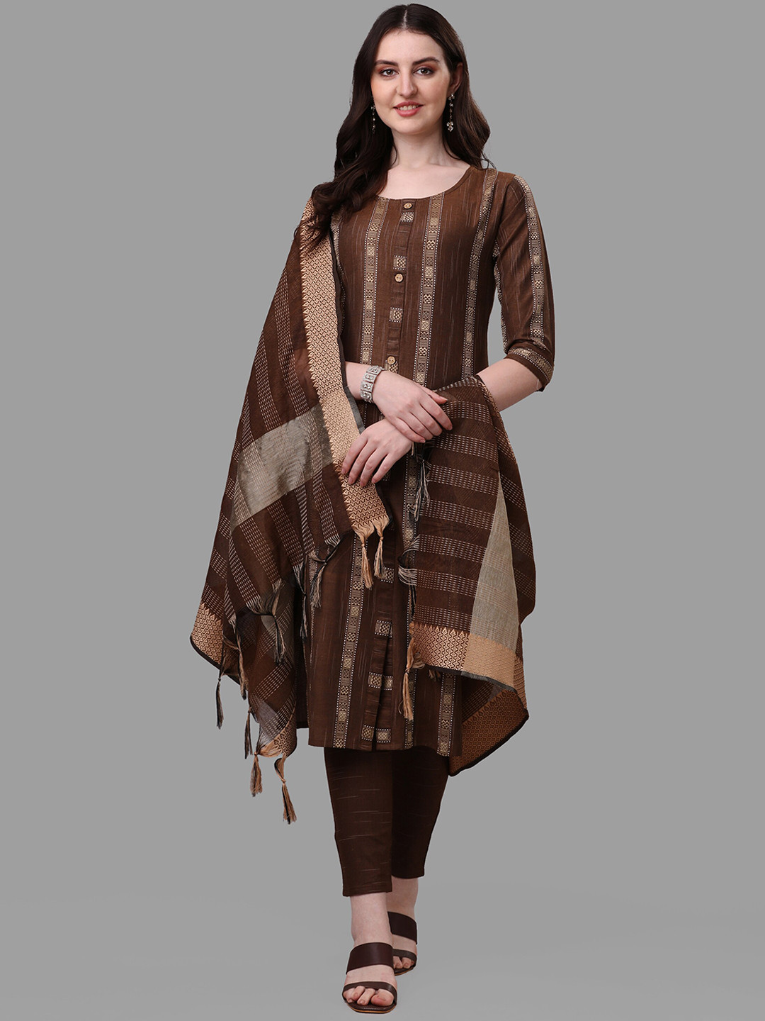 Buy KALINI Women Coffee Brown Striped Pure Cotton Kurta With Trousers ...