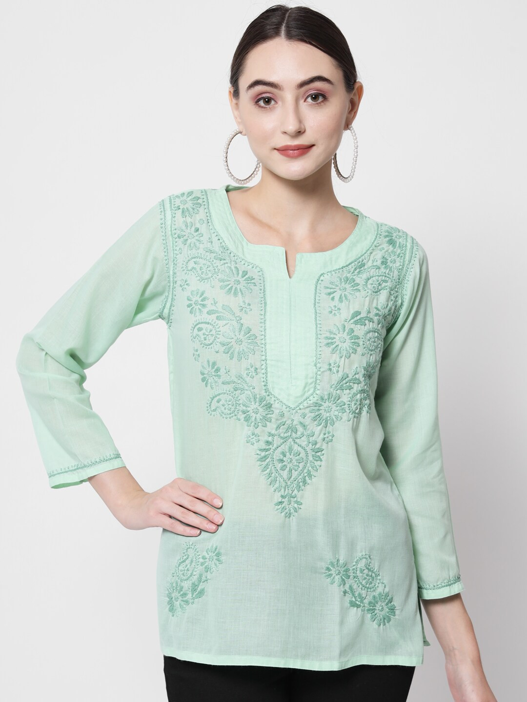 Green Cotton Chikankari Kurti For Women main image 0