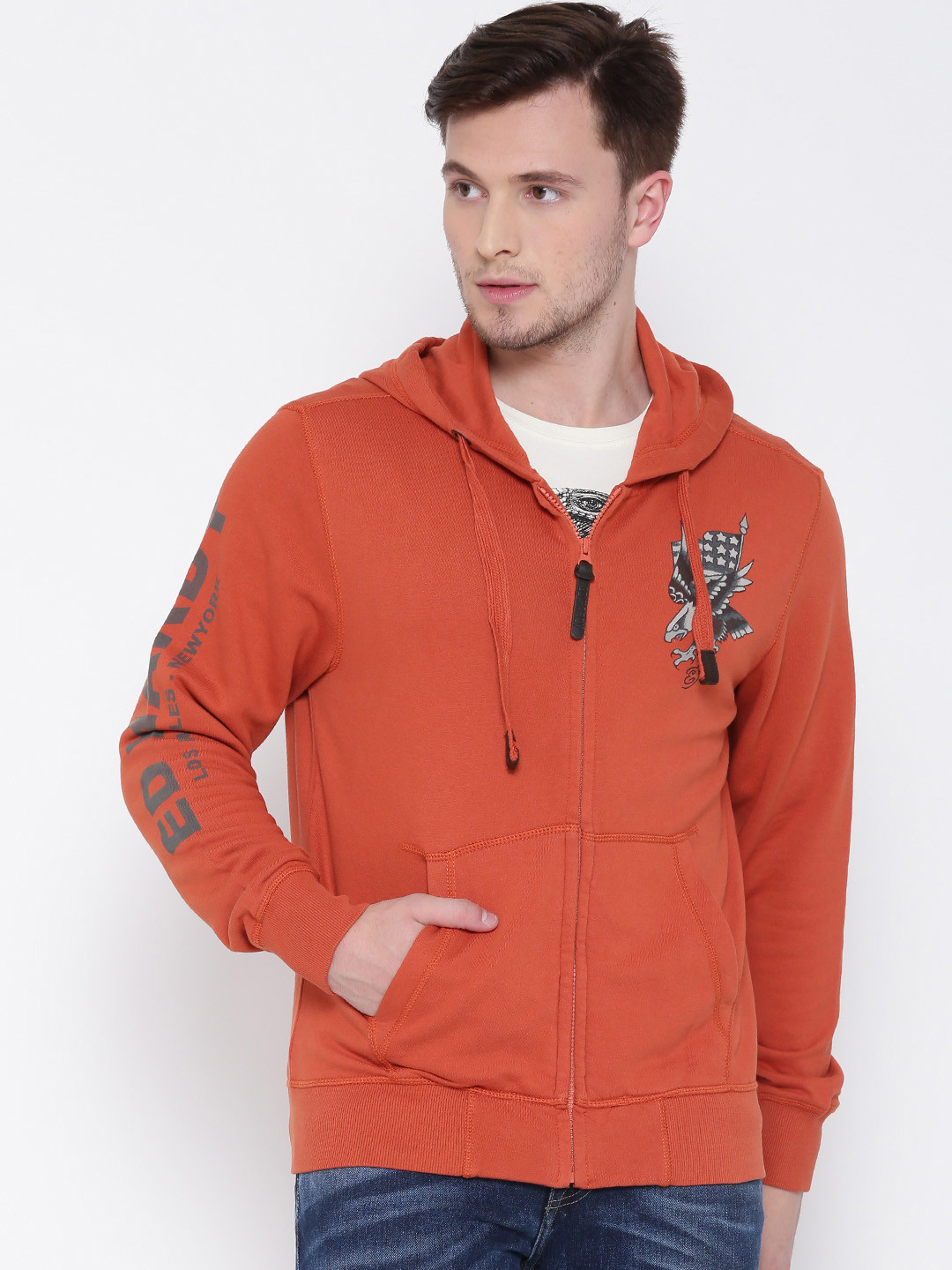 Buy Ed Hardy Men Rust Orange Solid Hooded Sweatshirt Sweatshirts for