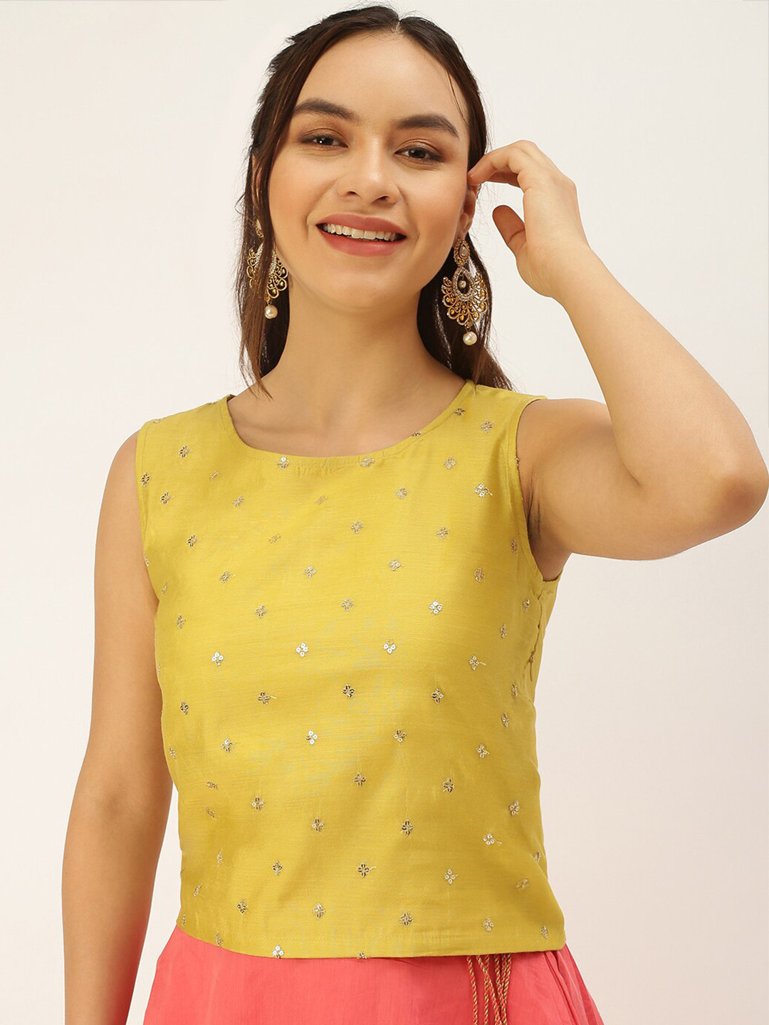 Buy De Moza Yellow & Gold Toned Floral Print Top Tops for Women