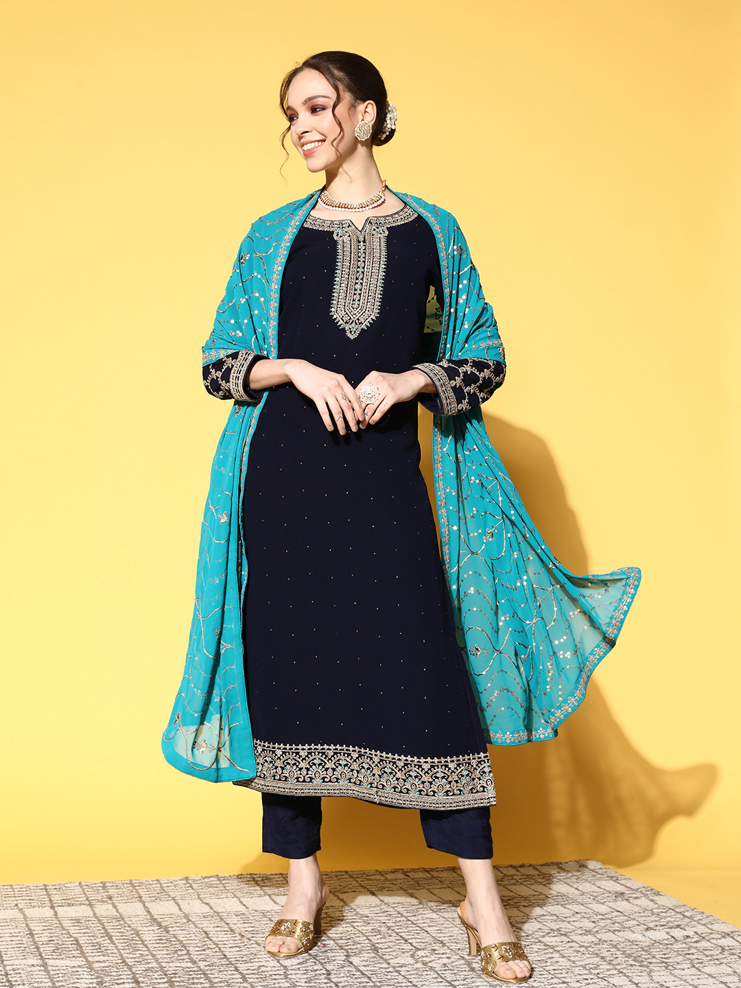 Women Blue Embroidered Straight Kurta Trousers With Dupatta Set main image 1