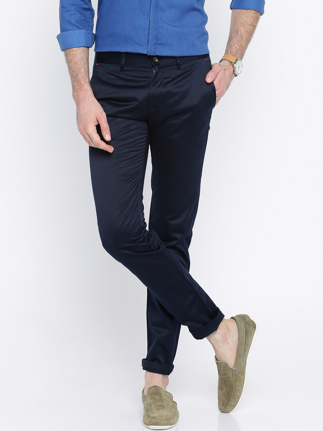 Buy Arrow Sport Men Navy Blue Slim Fit Solid Regular Trousers ...