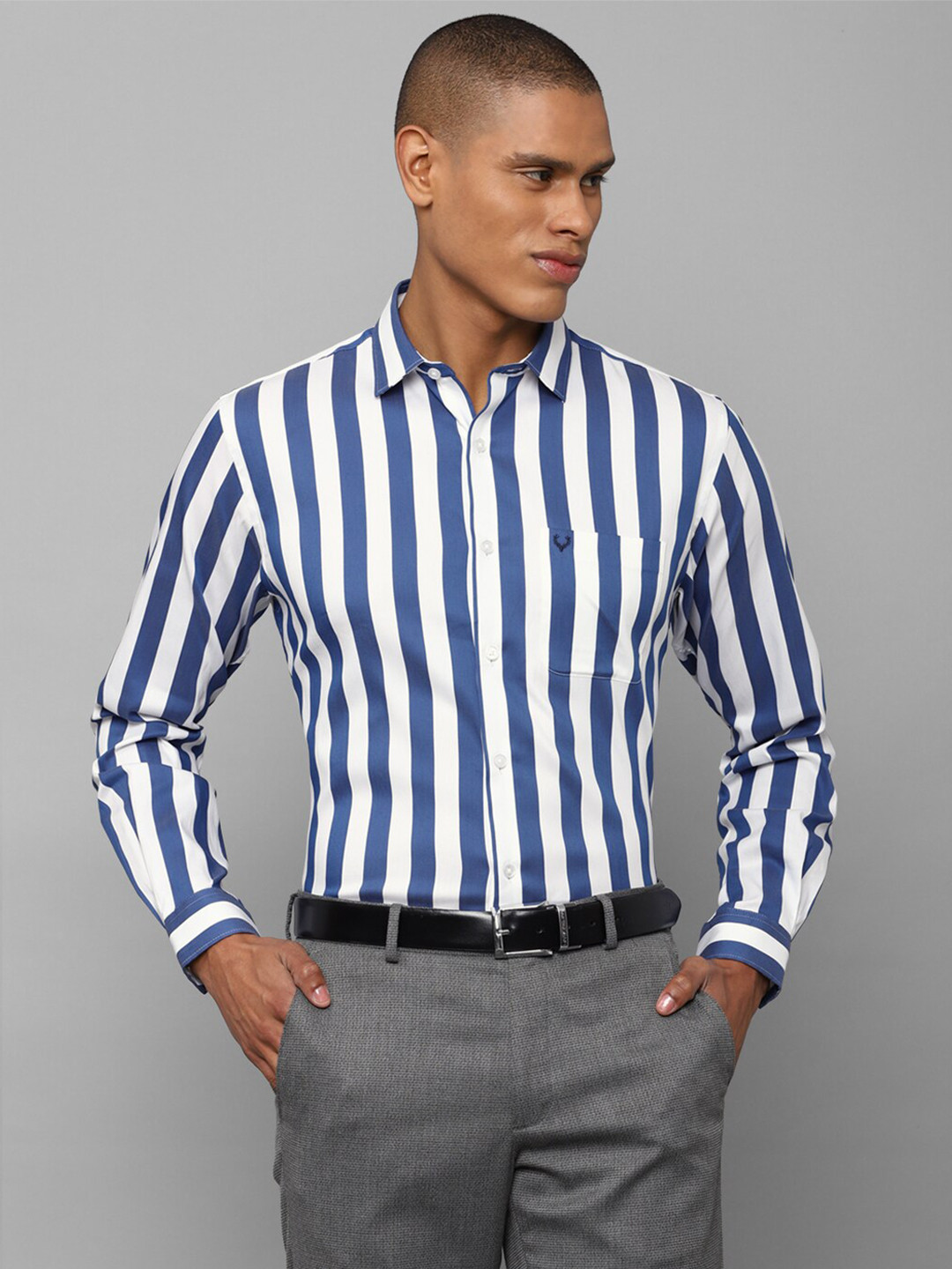 Buy Allen Solly Men Navy Blue Slim Fit Striped Cotton Formal Shirt