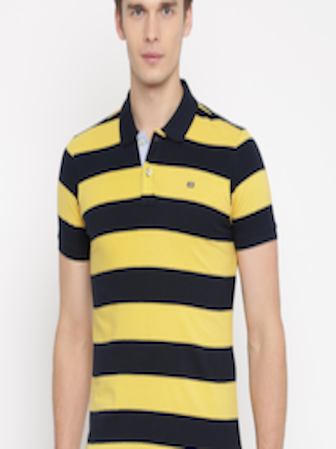 Buy Arrow Sport Men Yellow Navy Striped Polo Collar Pure Cotton T Shirt ...
