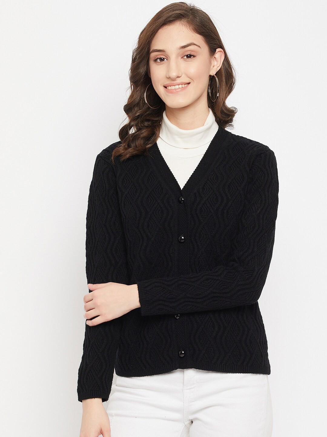 Buy Madame Women Black Ribbed Cardigan With Fuzzy Detail Sweaters for