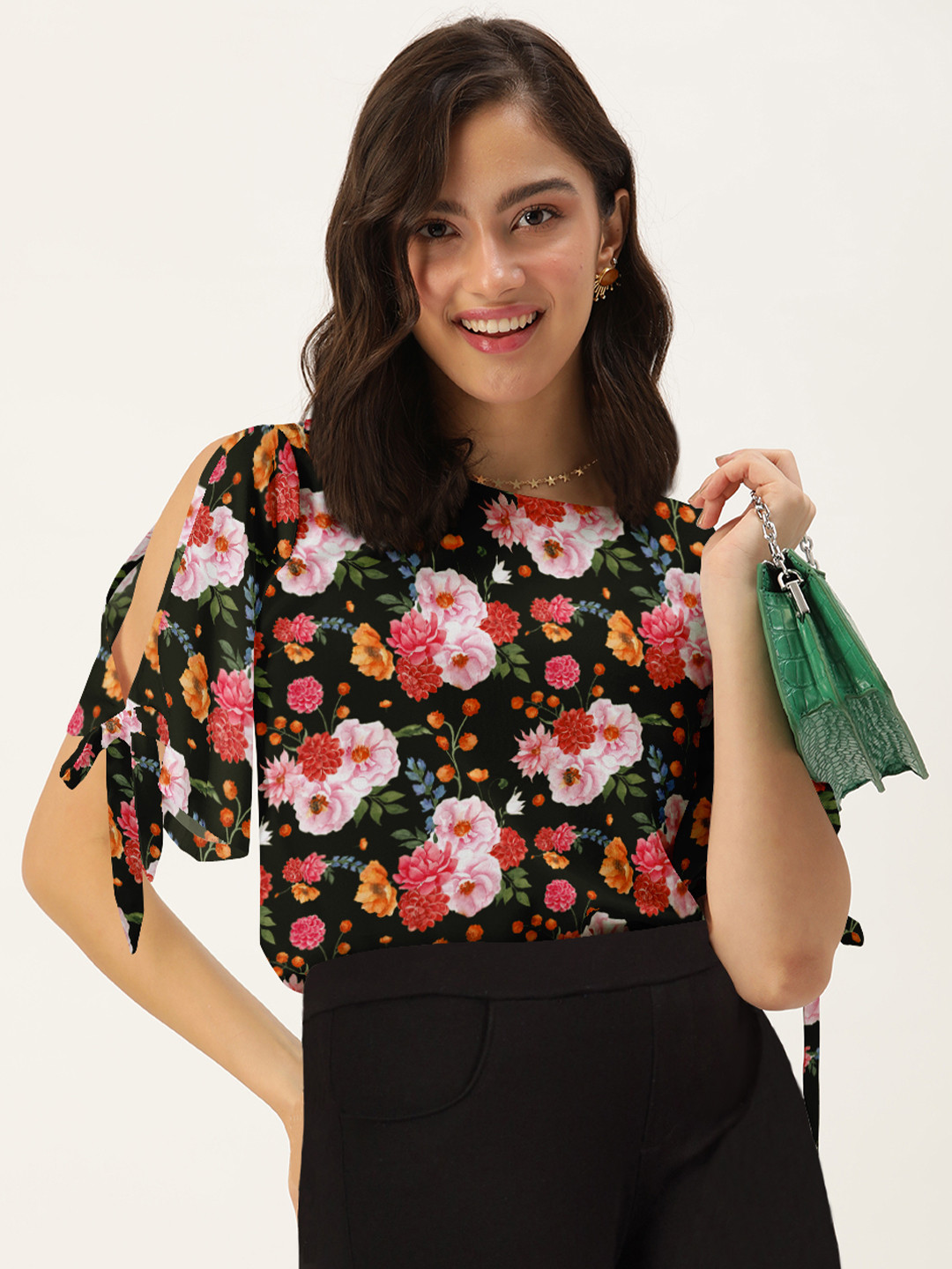 BLACK FLOWER BUTTI BAGH PRINT TOP main image 0