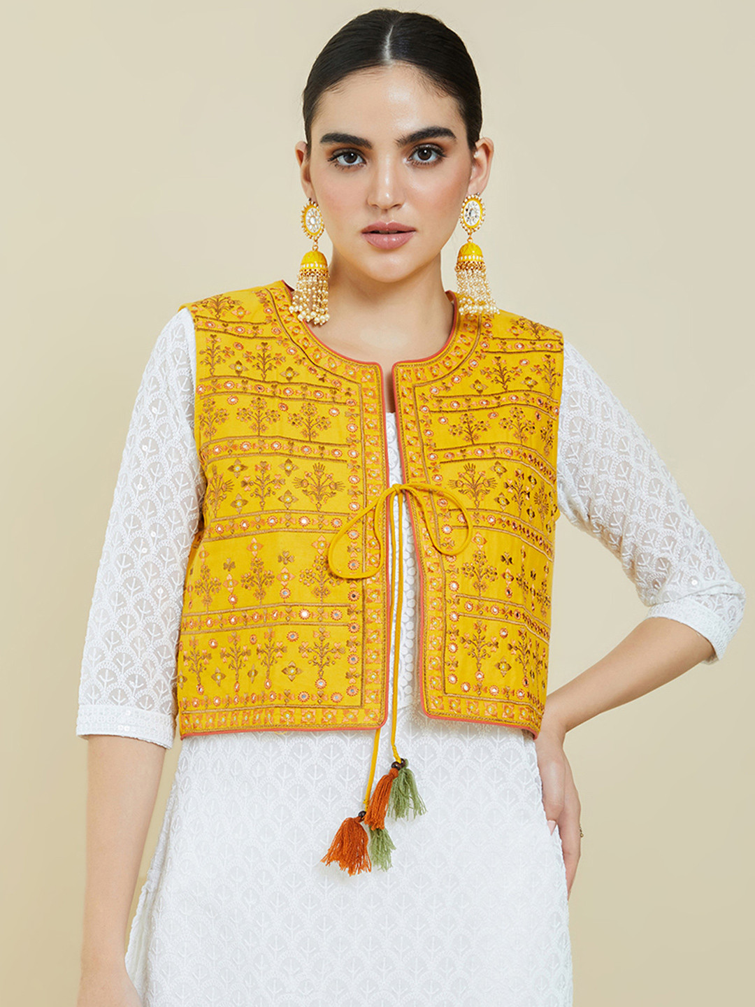 Buy Soch Women Yellow Geometric Crop Open Front Jacket With Embroidered