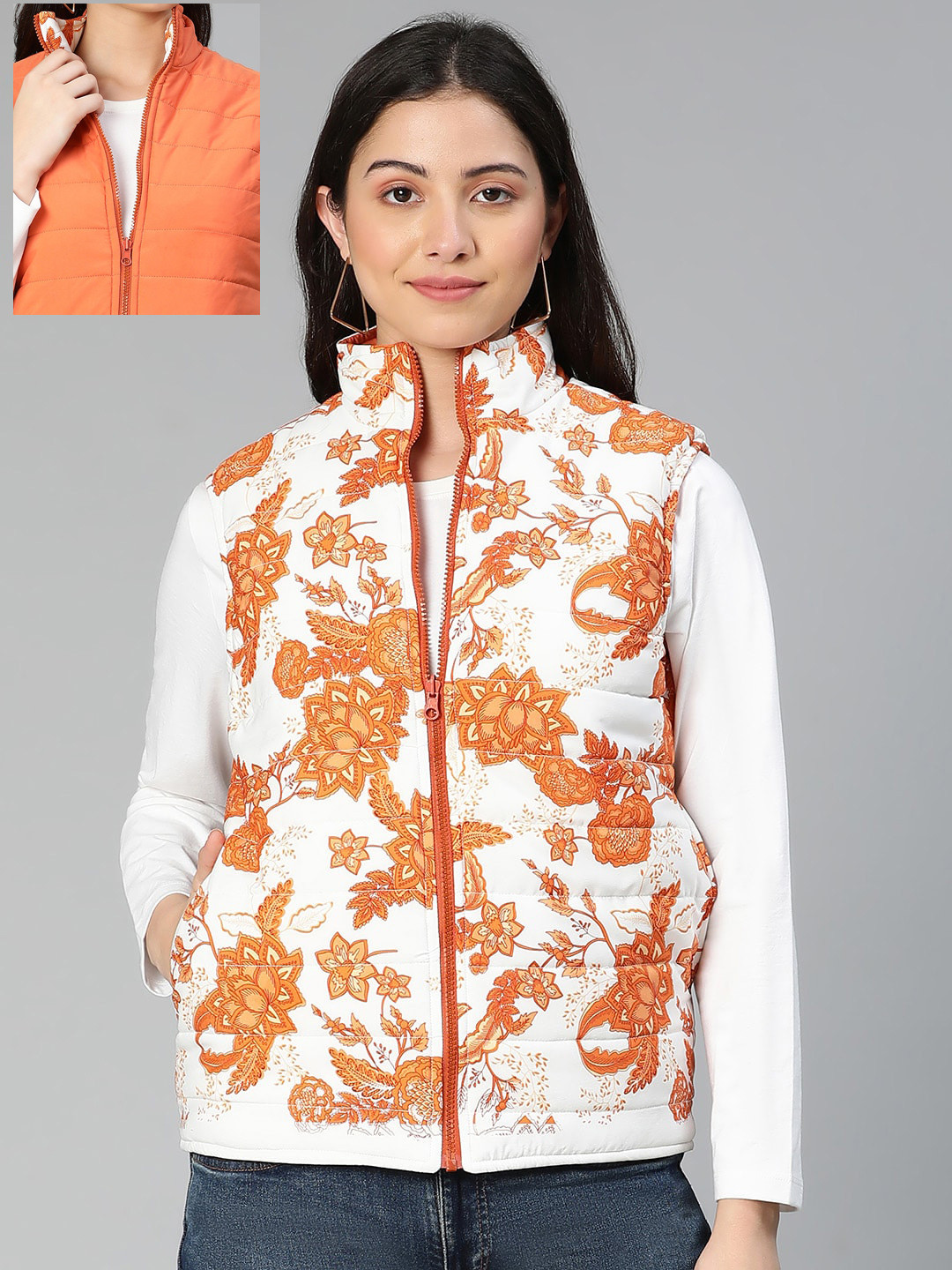Buy Oxolloxo Women White Orange Floral Reversible Padded Jacket