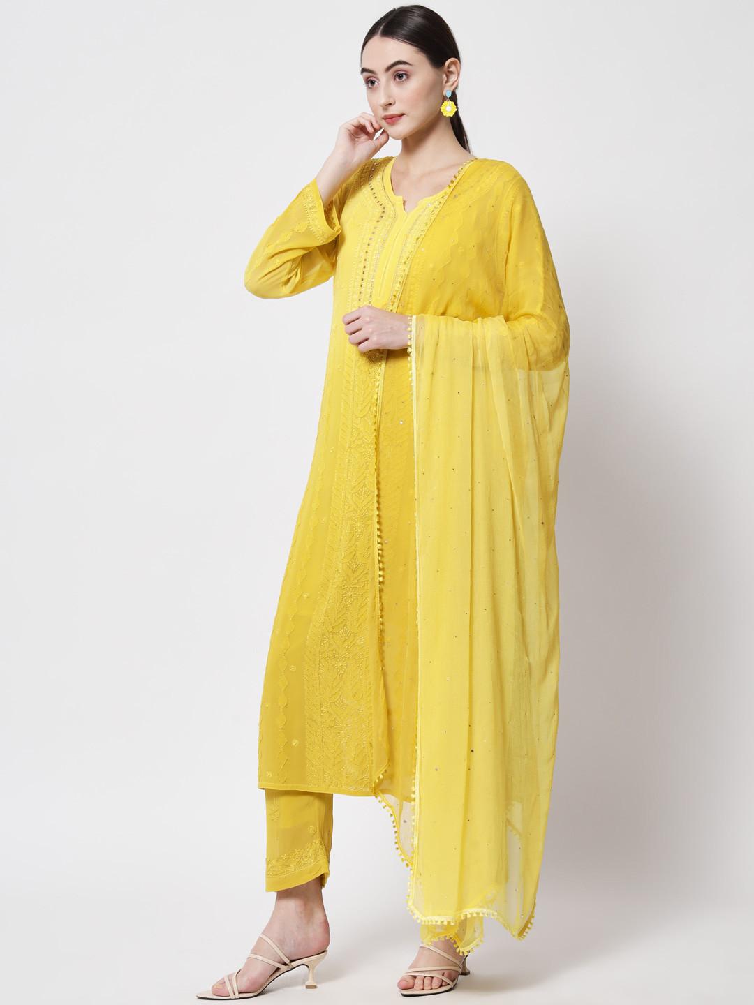 Buy PARAMOUNT CHIKAN Women Mustard Yellow Floral Embroidered Chikankari