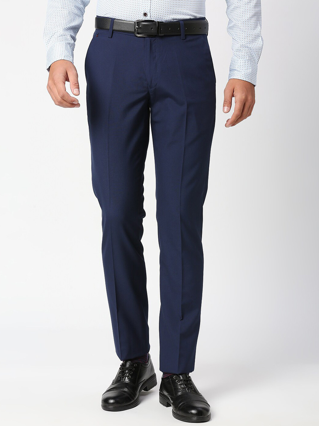 Buy Solemio Men Blue Solid Classic Slim Fit Easy Wash Trousers ...