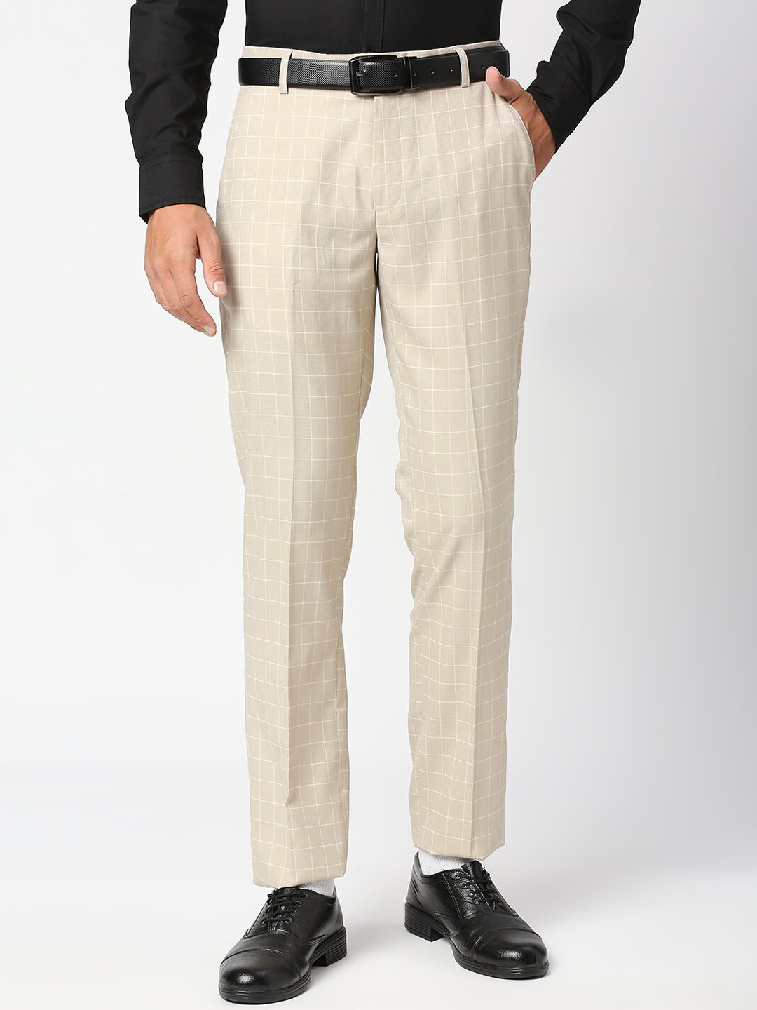 Buy Solemio Men Beige Checked Classic Easy Wash Trousers - Trousers for ...