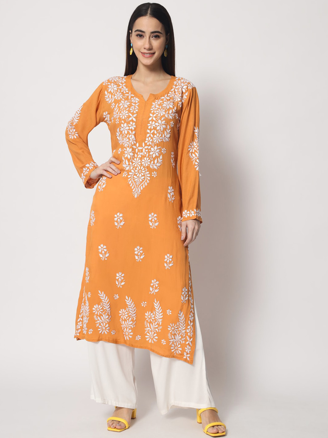 Buy PARAMOUNT CHIKAN Women Mustard Yellow Chikankari Hand Embroidered
