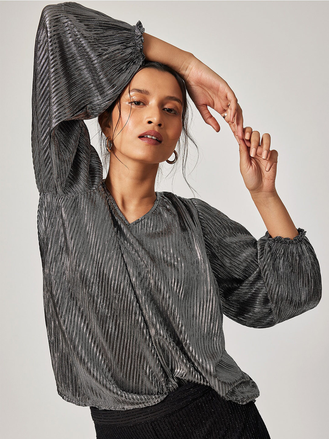 Buy The Label Life Silver Toned Striped Satin Wrap Top Tops for Women