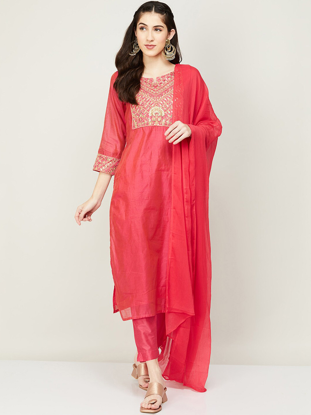 Mint Muse Silk Blend Embroidered Kurta with Trousers & Contrasting Dupatta
