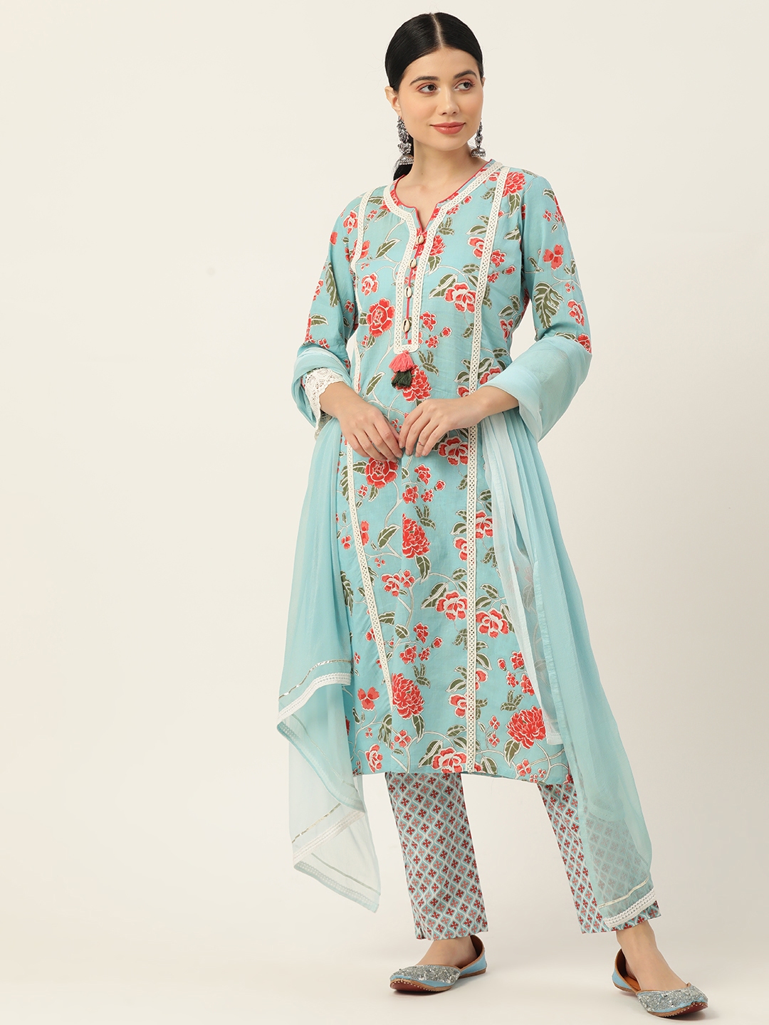 Buy Jaipur Morni Women Blue Floral Printed Thread Work Pure Cotton ...