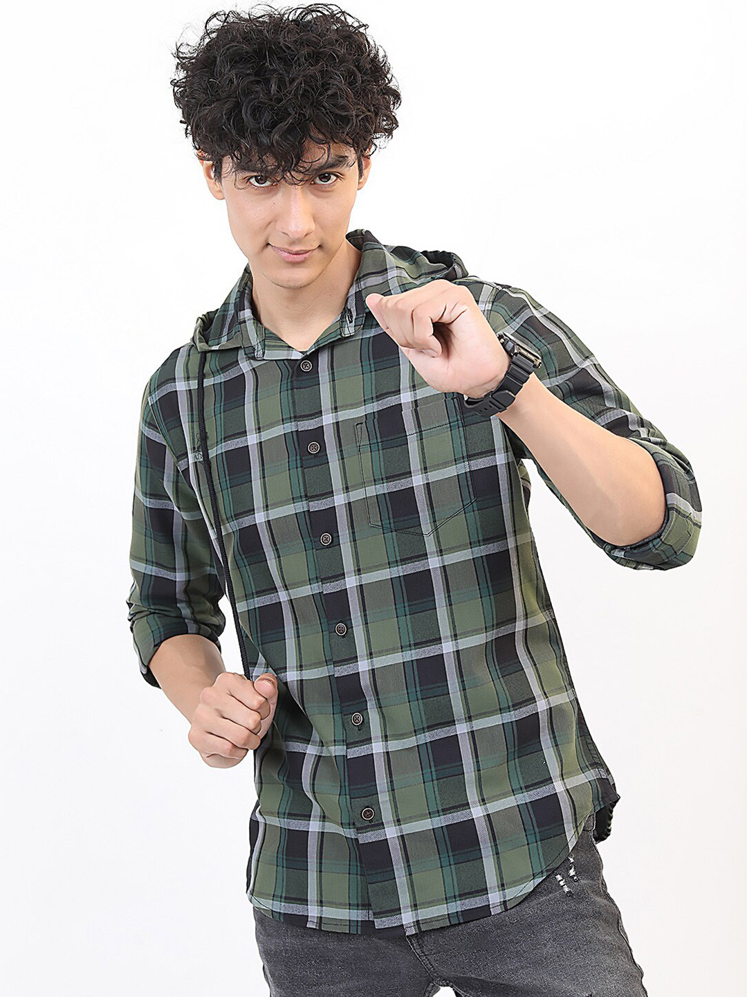Men's Green Standard Slim Fit Tartan Checks Checked Cotton Casual Shirt