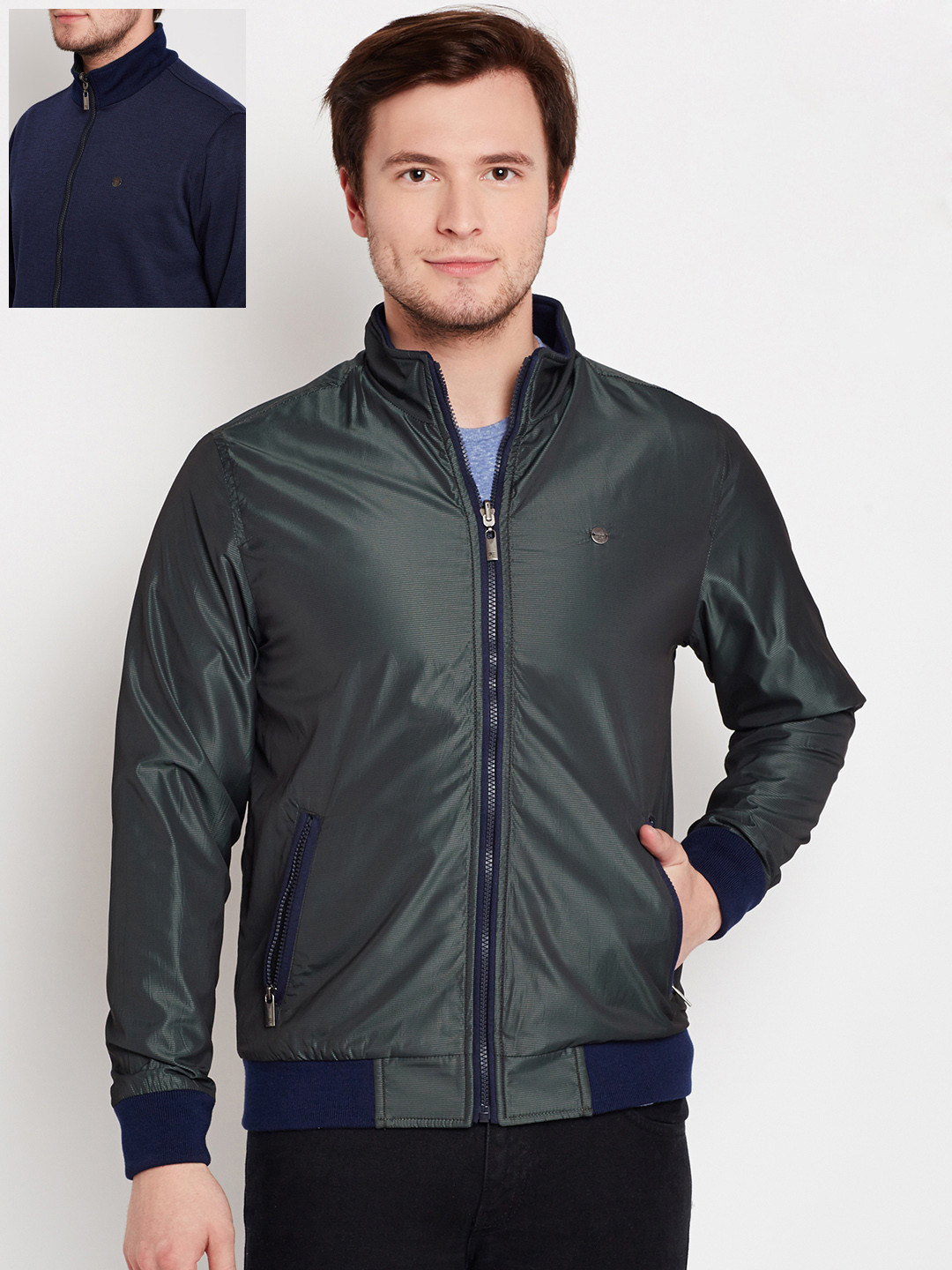 Buy Peter England Casuals Men Green & Navy Striped Reversible Bomber Jacket Jackets for Men