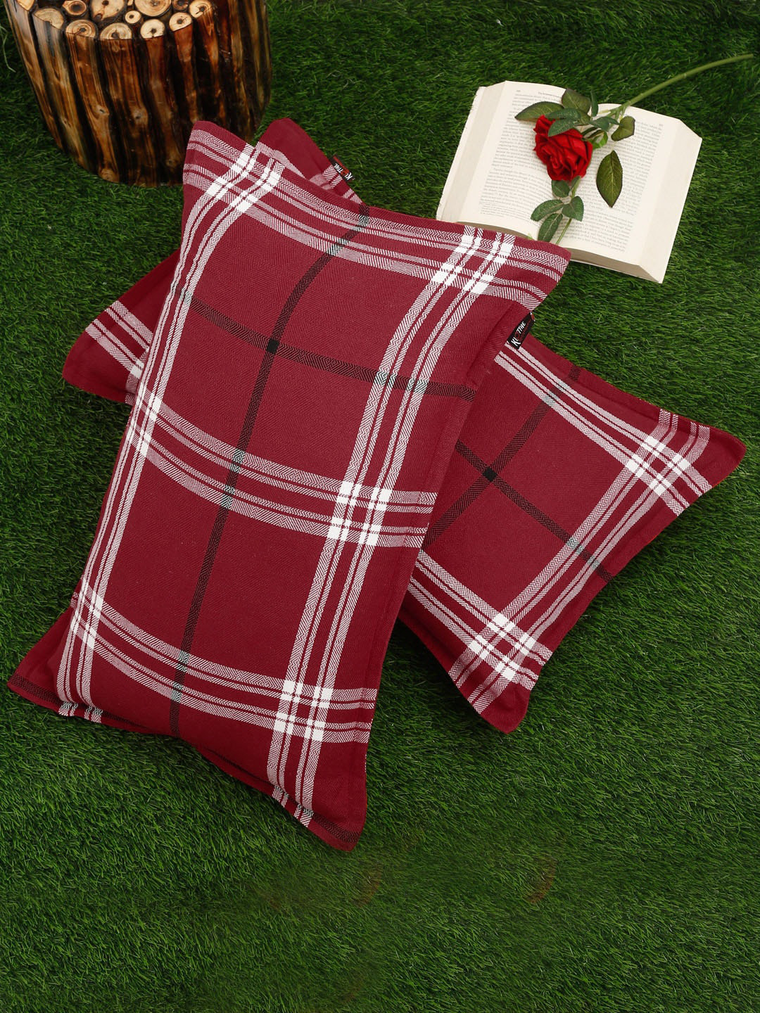 Buy KLOTTHE Set Of 2 Red & White Checked Cotton Pillow Covers Pillow