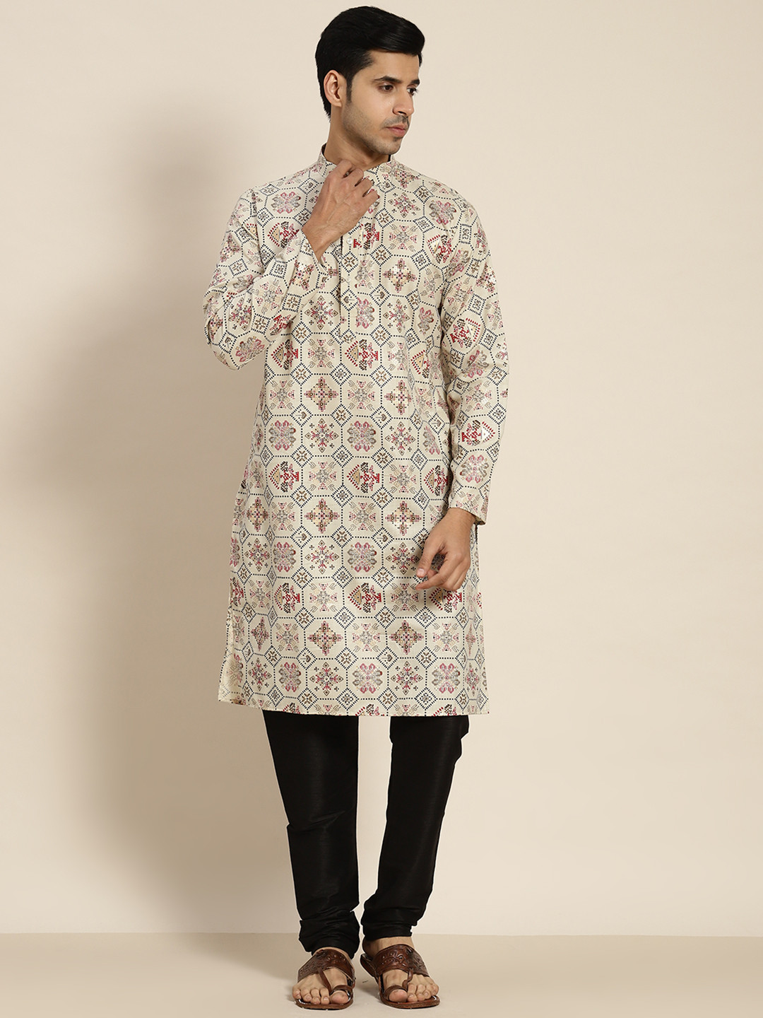 Buy SOJANYA Men Cream Coloured Geometric Printed Kurta Kurtas for Men